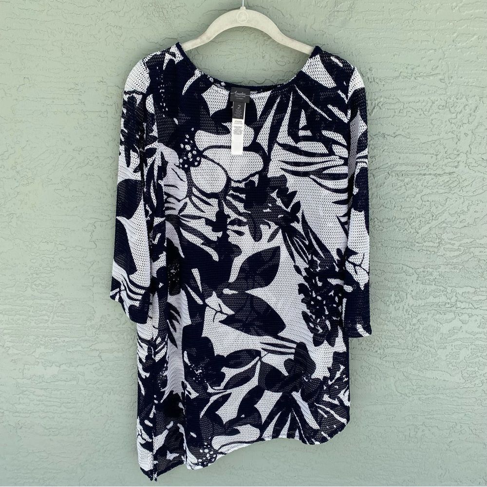 Chico's Travelers Collection Floral Asymmetrical 3/4 Sleeve Tunic Top Size L